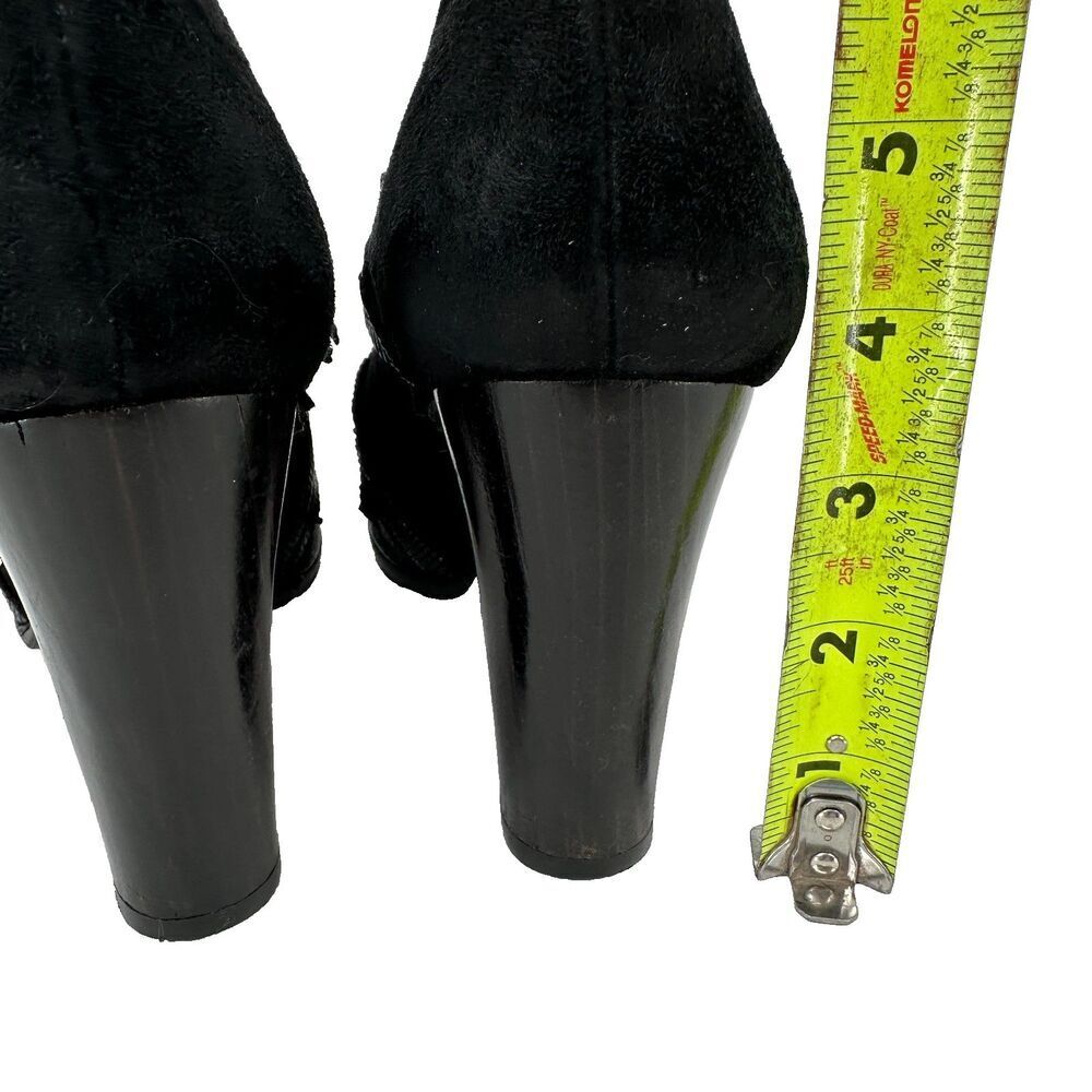 Chie Mihara Size 37 Black Suede Block Heels Fringe PeepToe 3.5in Boho Steampunk - Picture 6 of 11